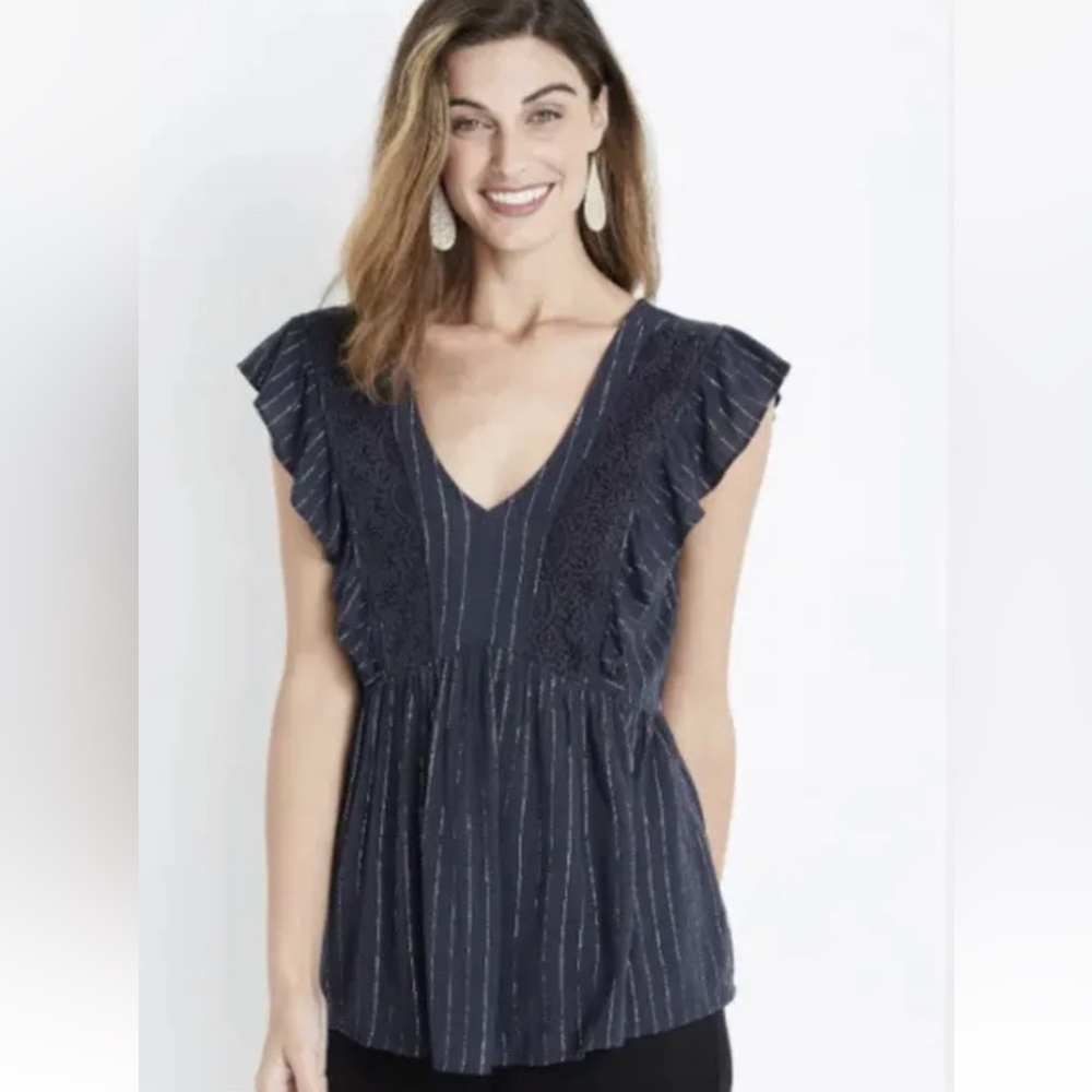 Maurices Navy Ruffle Blouse Flutter Sleeve V-Neck Glittery Top XS NWOT